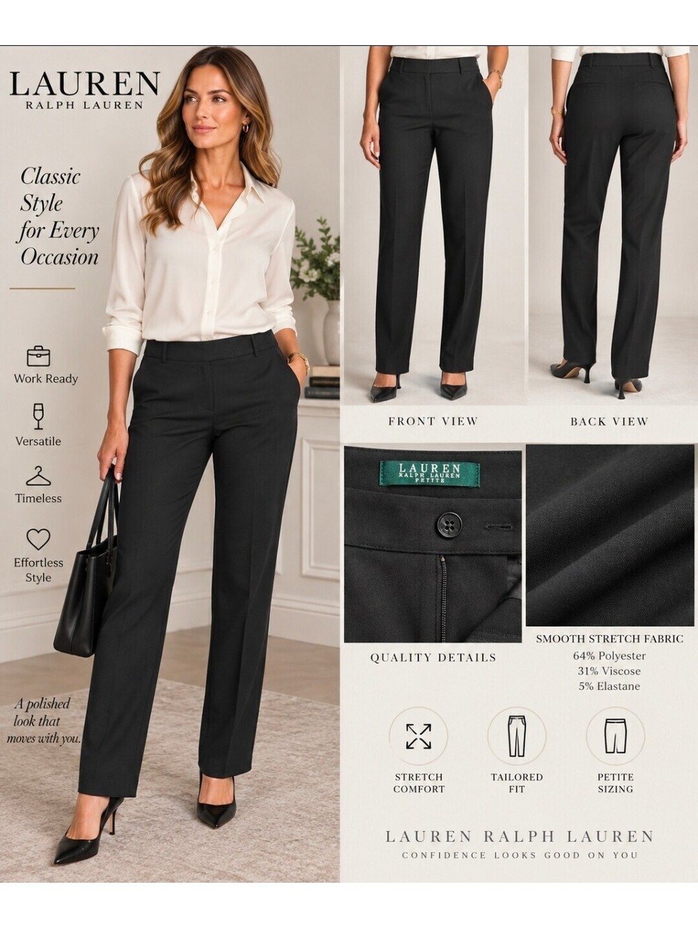 Lauren Ralph Lauren Dress Pants Women’s 10P Black Petite Stretch Career Trousers